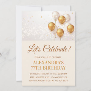 Modern Balloons Gold White 77th birthday Invitation
