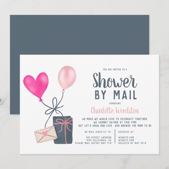 modern balloons illustration baby shower by mail invitation (Front/Back)