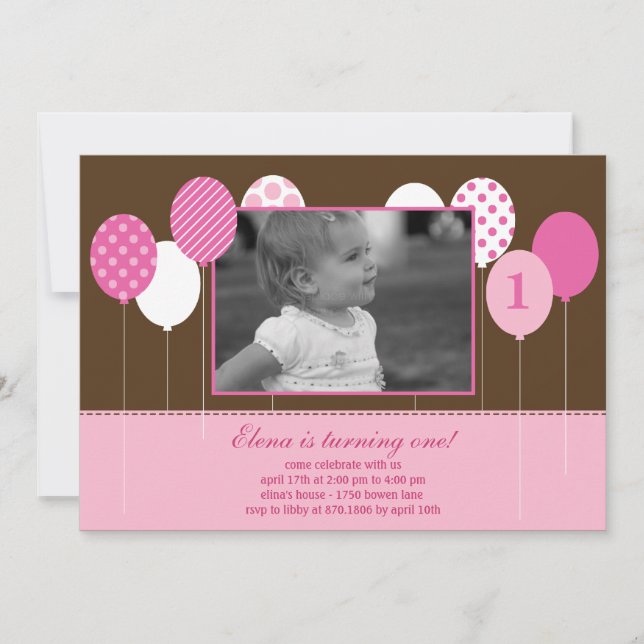 Modern Balloons Photo Birthday Invitation - Pink (Front)