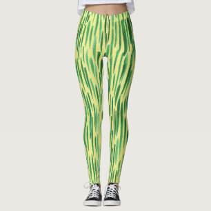 Modern Bamboo Pattern Jungle Vibe Green Stripes Leggings