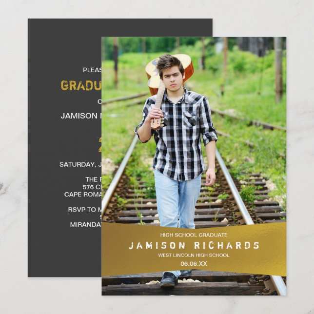 Modern Banner Grad Party Invite / Faux Gold Foil (Front/Back)
