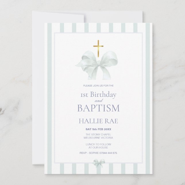Modern Baptism & 1st Birthday Invite Sage Green (Front)