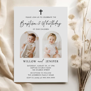 Modern Baptism & 1st Birthday Twins Boy and Girl Invitation