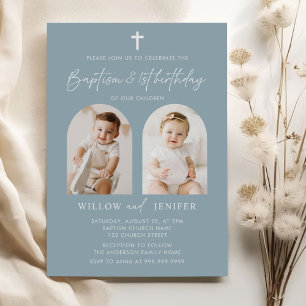 Modern Baptism & 1st Birthday Twins Boy and Girl Invitation