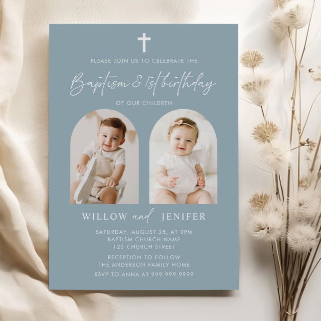 Modern Baptism & 1st Birthday Twins Boy and Girl  Invitation (Creator Uploaded)