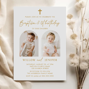Modern Baptism & 1st Birthday Twins Boy and Girl Invitation
