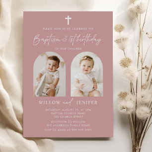 Modern Baptism & 1st Birthday Twins Boy and Girl Invitation