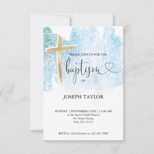 Modern Baptism Blue Watercolor Cross Christening Invitation (Front)