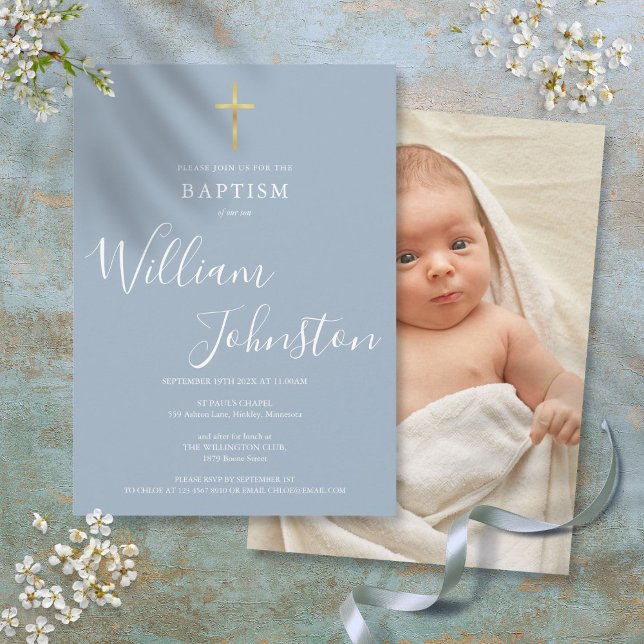 Modern Baptism Christening Dusty Blue Photo Invitation (Modern Baptism Christening Dusty Blue Photo Invitation)