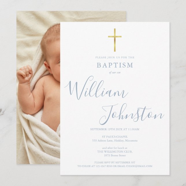 Modern Baptism Christening Dusty Blue Photo Invitation (Front/Back)