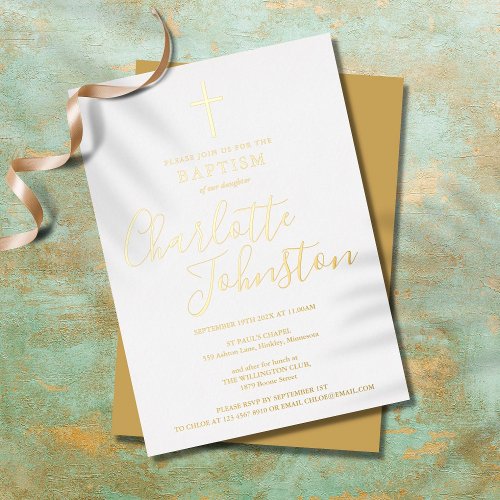 Modern Baptism Christening Elegant Signature Gold Foil Invitation