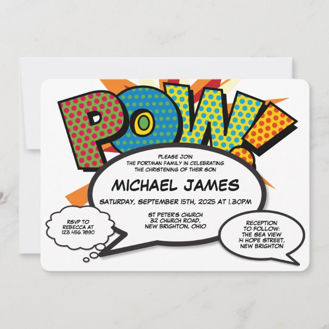 Modern Baptism Christening Fun Comic Book Invitation (Front)
