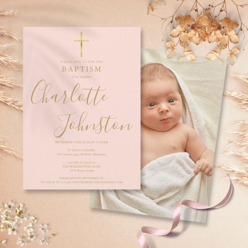 Modern Baptism Christening Gold Blush Pink Photo Invitation