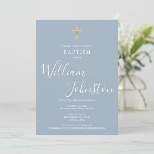 Modern Baptism Christening Gold Cross Dusty Blue Invitation | Zazzle