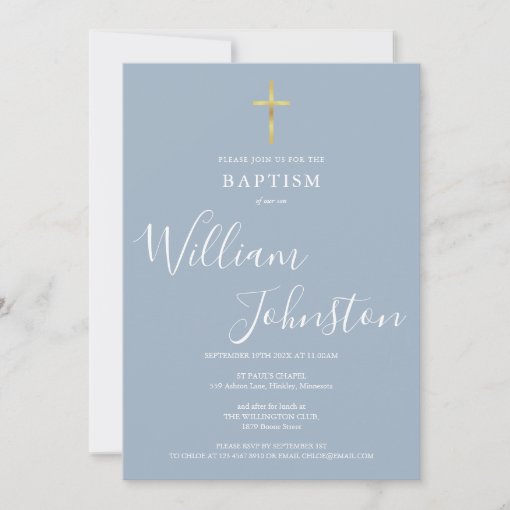 Modern Baptism Christening Gold Cross Dusty Blue Invitation | Zazzle