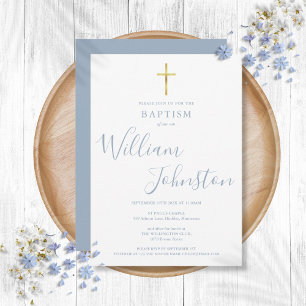 Modern Baptism Christening Gold Cross Dusty Blue Invitation