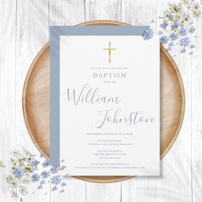 Modern Baptism Christening Gold Cross Dusty Blue Invitation (Modern Baptism Christening Gold Cross Dusty Blue Invitation)