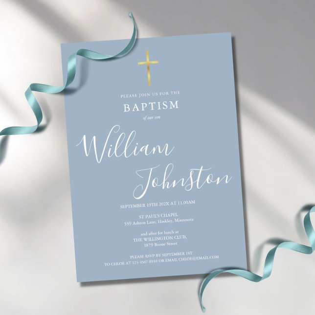 Modern Baptism Christening Gold Cross Dusty Blue Invitation (Creator Uploaded)
