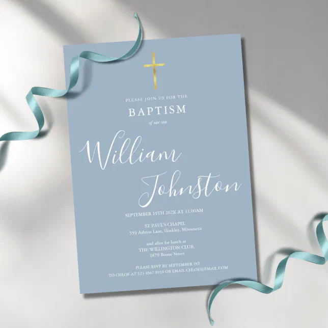 Modern Baptism Christening Gold Cross Dusty Blue Invitation | Zazzle