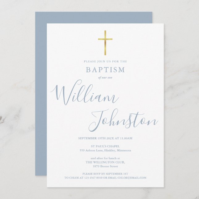 Modern Baptism Christening Gold Cross Dusty Blue Invitation (Front/Back)