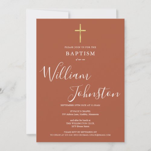 Modern Baptism Christening Gold Cross Terracotta Invitation