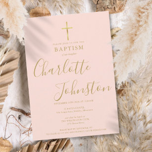 Modern Baptism Christening Gold Script Blush Pink Invitation
