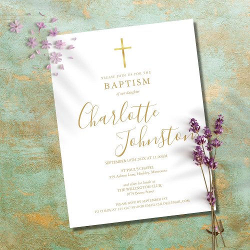 Modern Baptism Christening Gold Signature Script Invitation Postcard