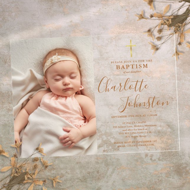 Modern Baptism Christening Golden Script Photo Acrylic Invitations (Modern Baptism Christening Golden Script Photo Acrylic Invitations)