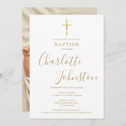 Modern Baptism Christening Golden Signature Photo Invitation