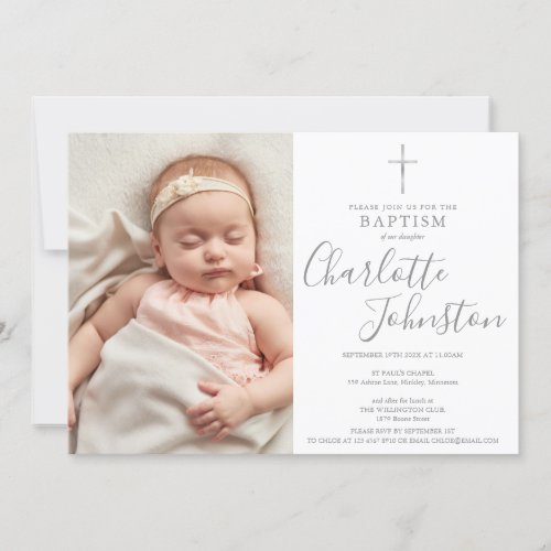 Modern Baptism Christening Silver Script Photo Invitation