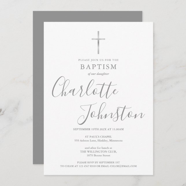Modern Baptism Christening Silver Signature Invitation (Front/Back)