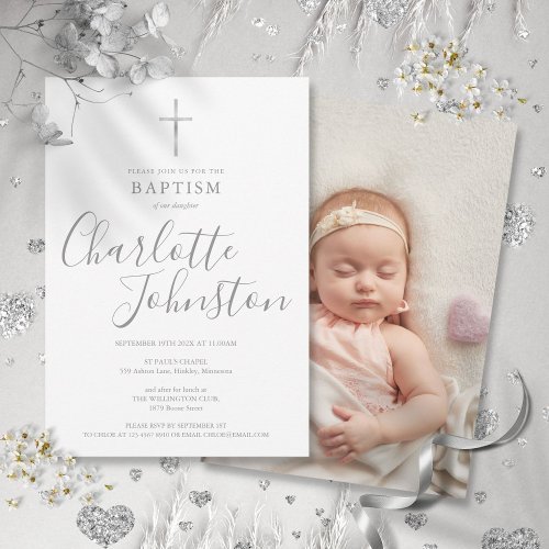 Modern Baptism Christening Silver Signature Photo Invitation