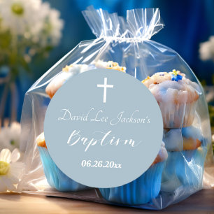 Modern Baptism Christening White Cross Dusty Blue Classic Round Sticker