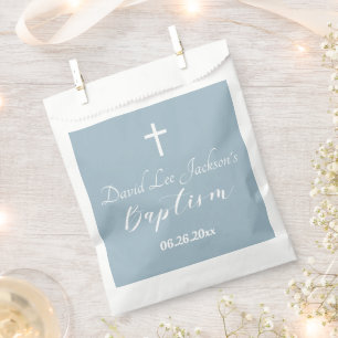 Modern Baptism Christening White Cross Dusty Blue Favor Bag