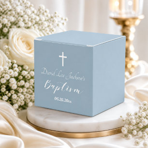 Modern Baptism Christening White Cross Dusty Blue  Favor Boxes