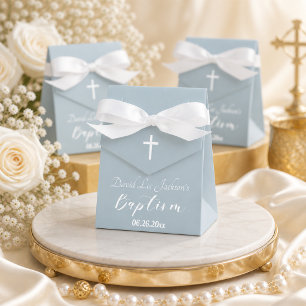 Modern Baptism Christening White Cross Dusty Blue  Favor Boxes