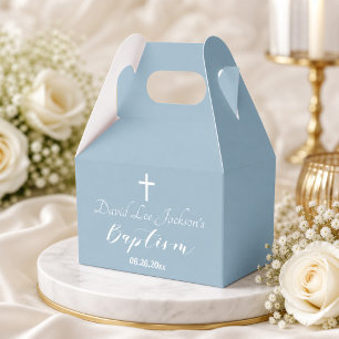 Modern Baptism Christening White Cross Dusty Blue  Favor Boxes