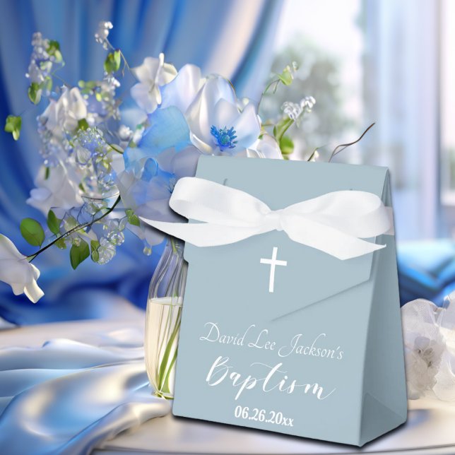 Modern Baptism Christening White Cross Dusty Blue  Favor Boxes (Creator Uploaded)