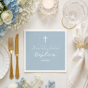 Modern Baptism Christening White Cross Dusty Blue  Napkins