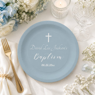 Modern Baptism Christening White Cross Dusty Blue Paper Plates