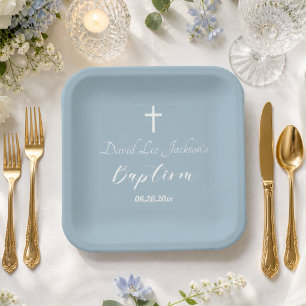 Modern Baptism Christening White Cross Dusty Blue Paper Plates