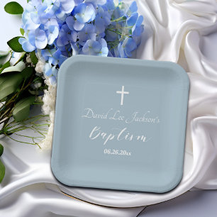Modern Baptism Christening White Cross Dusty Blue  Paper Plates