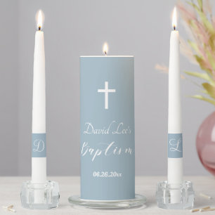 Modern Baptism Christening White Cross Dusty Blue Unity Candle Set