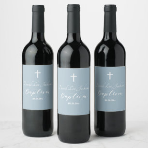 Modern Baptism Christening White Cross Dusty Blue Wine Label