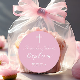 Modern Baptism Christening White Cross Dusty Pink Classic Round Sticker