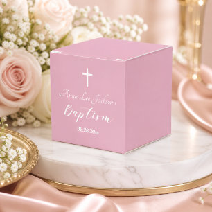 Modern Baptism Christening White Cross Dusty Pink Favor Boxes