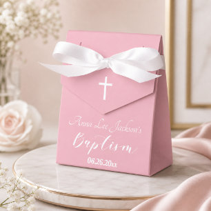 Modern Baptism Christening White Cross Dusty Pink Favor Boxes