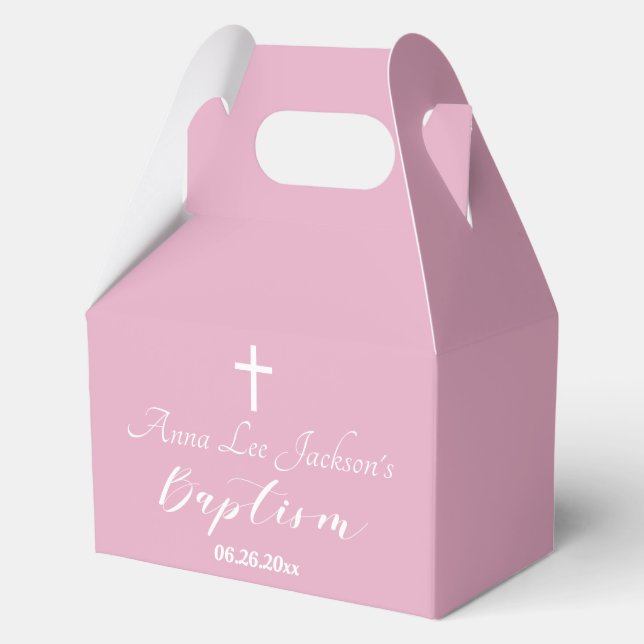 Modern Baptism Christening White Cross Dusty Pink Favor Boxes (Front)