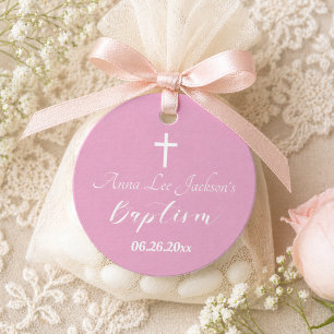 Modern Baptism Christening White Cross Dusty Pink Favor Tags