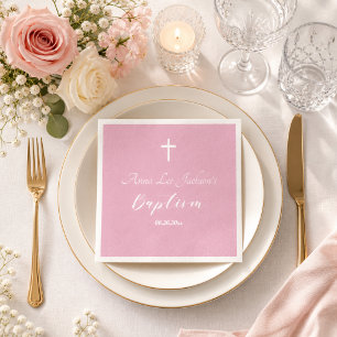 Modern Baptism Christening White Cross Dusty Pink Napkins